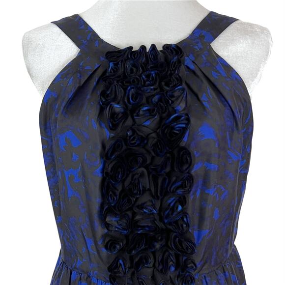 🎁 J. Crew Collection Black and Blue Floral Print Rosette Ruffle Silk Dress 8 - Picture 2 of 6